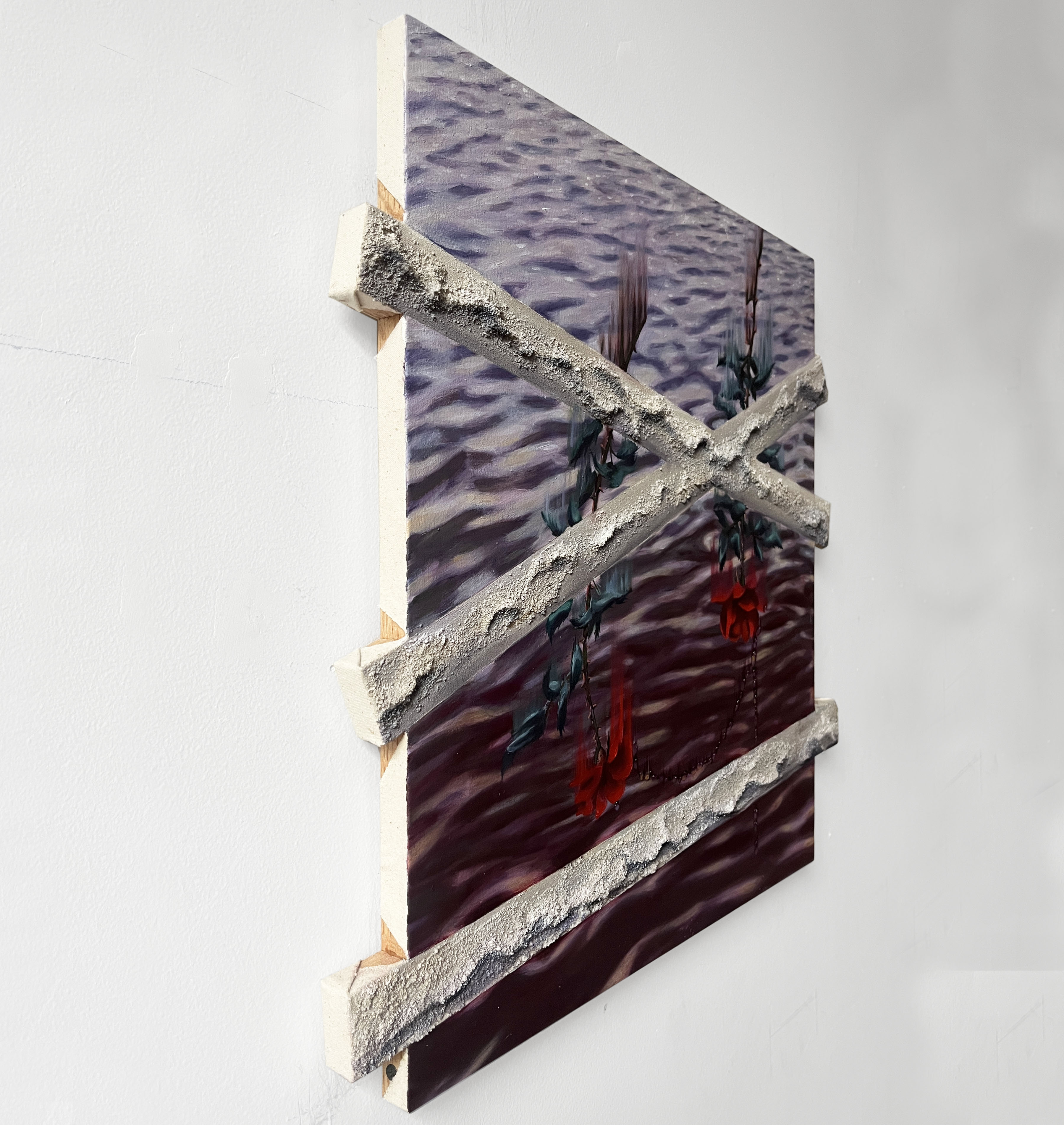 Take Me Down With You, (left side view), 19.5x21x1 <br>oil and pumice gel on built canvas, 2024
<br>